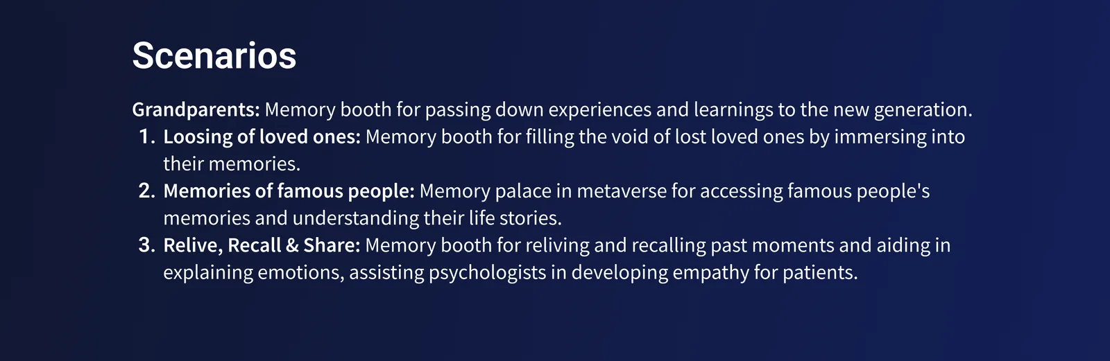 Scenarios slide describing use cases for grandparents and for fans of celebrities using a memory booth.