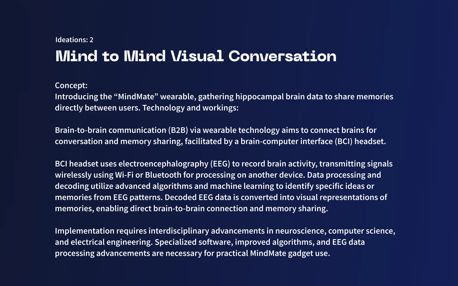 Concept slide for 'Mind to Mind Visual Conversation,' using a brain-computer interface headset to share memories directly between users.