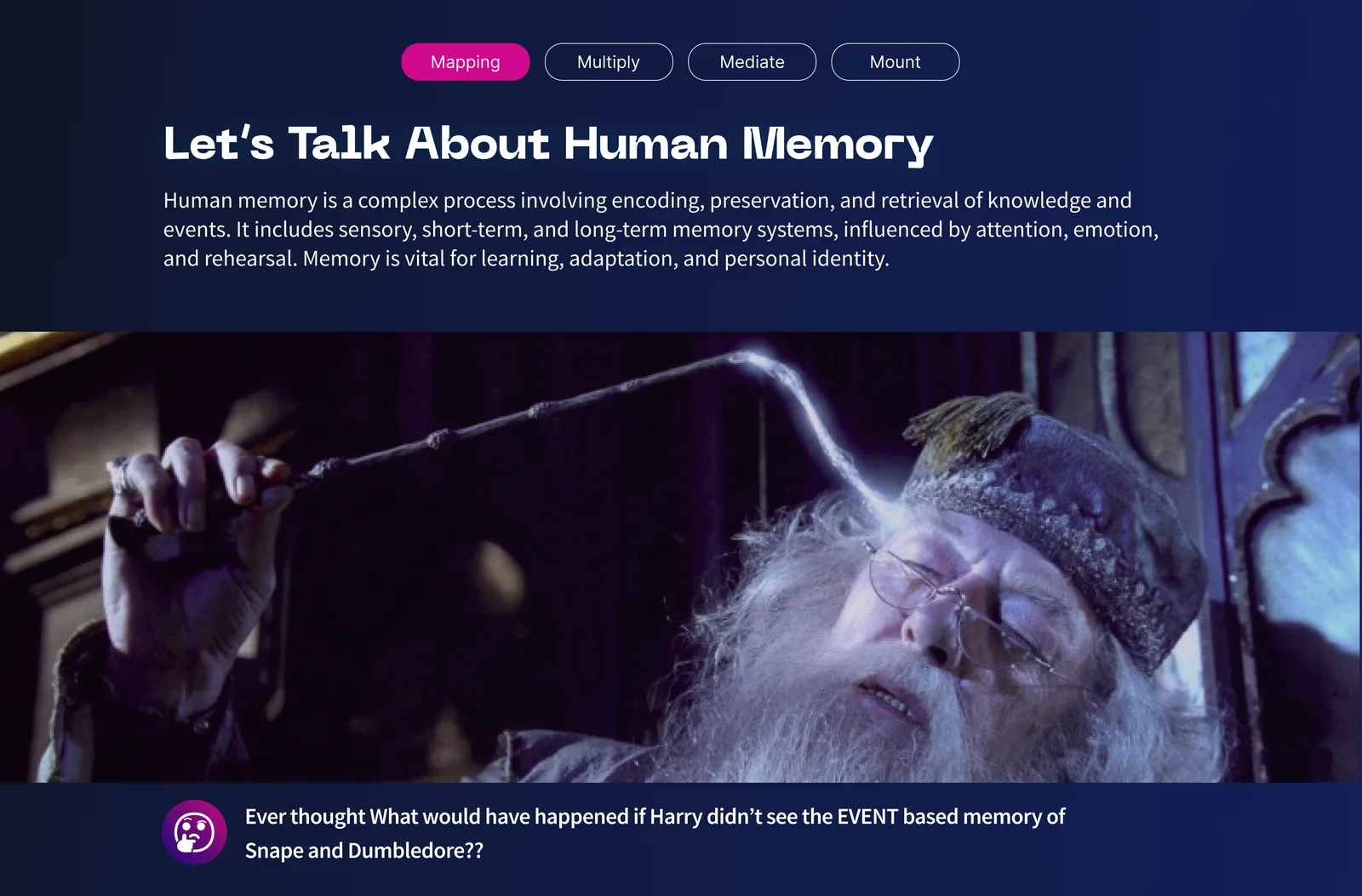 Section divider, 'Let's Talk About Human Memory,' over a close-up film-still photo.