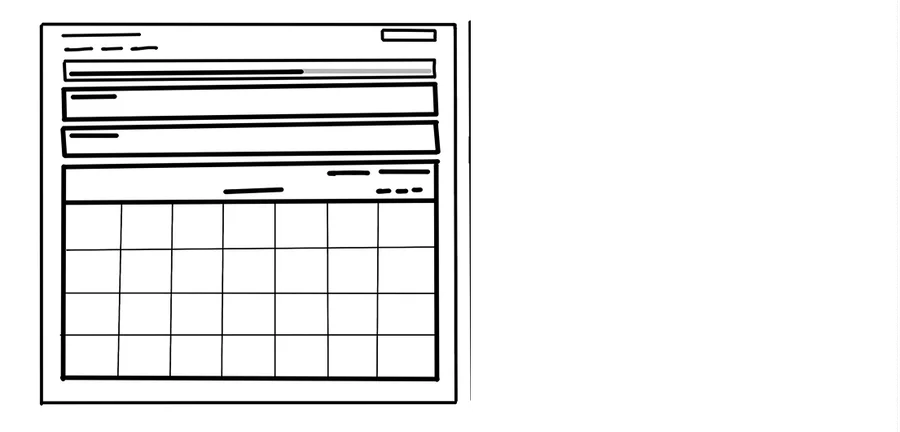Wireframe sketch of a gamified monitoring screen with progress bars and a performance table.