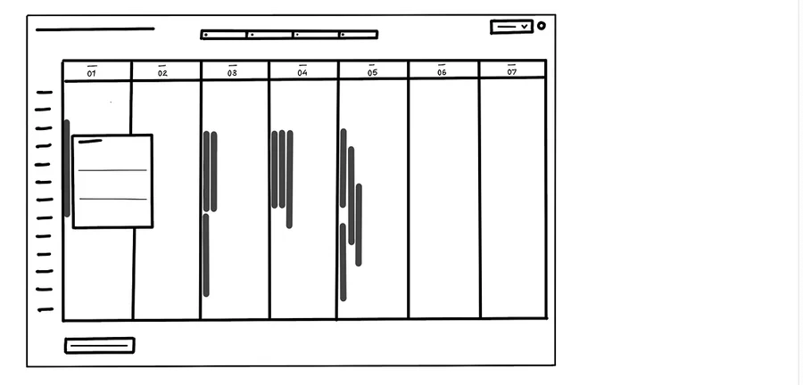 Wireframe sketch of a timeline with draggable bars representing shifts and tasks.