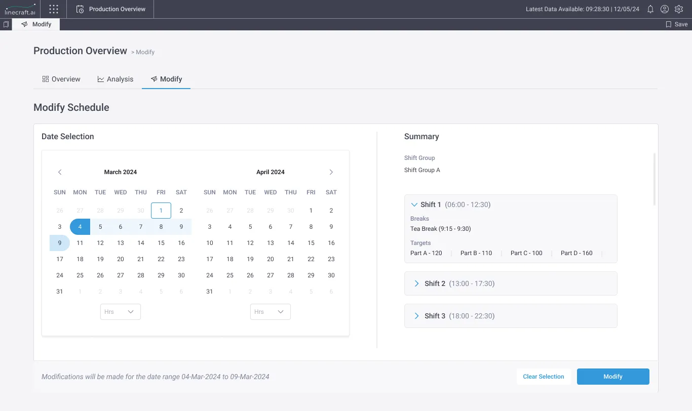 The Modify tab with date selection and summary.