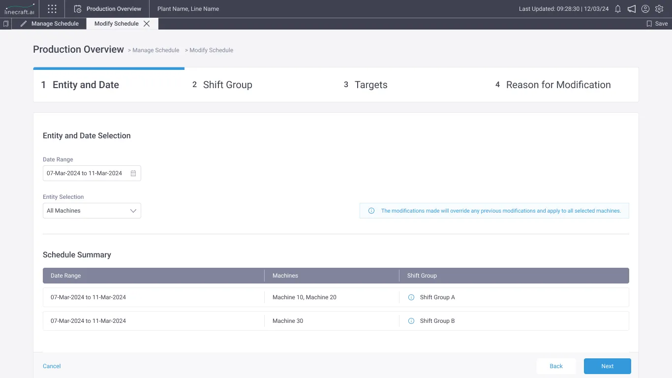 Modify Schedule step 1, Entity and Date Selection, with a date range, entity dropdown and schedule summary table.