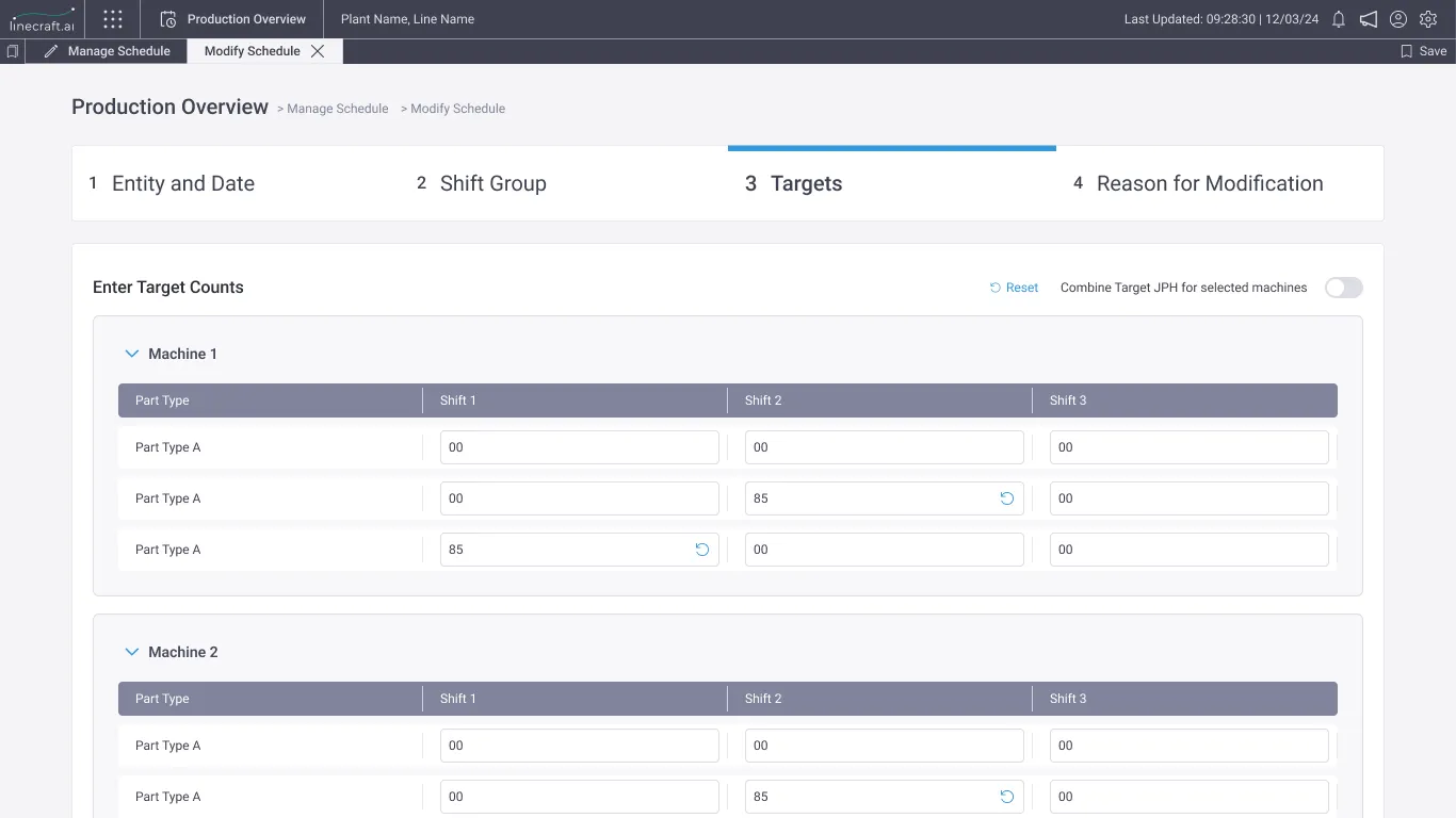 Modify Schedule step 3, Enter Target Counts, broken out per machine.