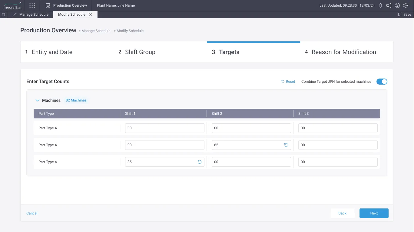 The same Targets step with Combine Target JPH switched on, applying one target across all 32 selected machines.