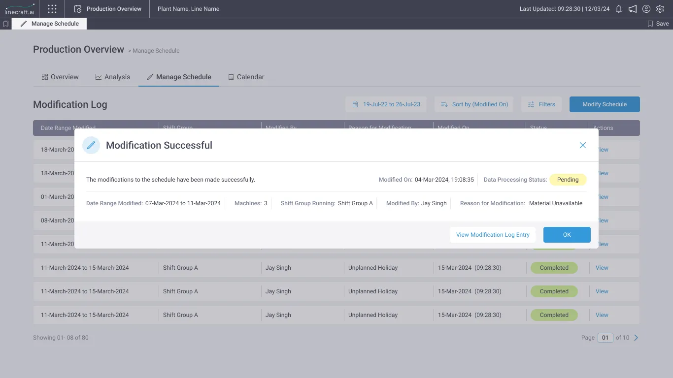Confirmation popup after a successful schedule modification, showing the date range, shift group, modifier and reason.