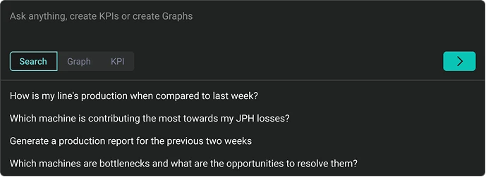 A version with Search, Graph and KPI tabs above a list of example prompts for the selected tab.