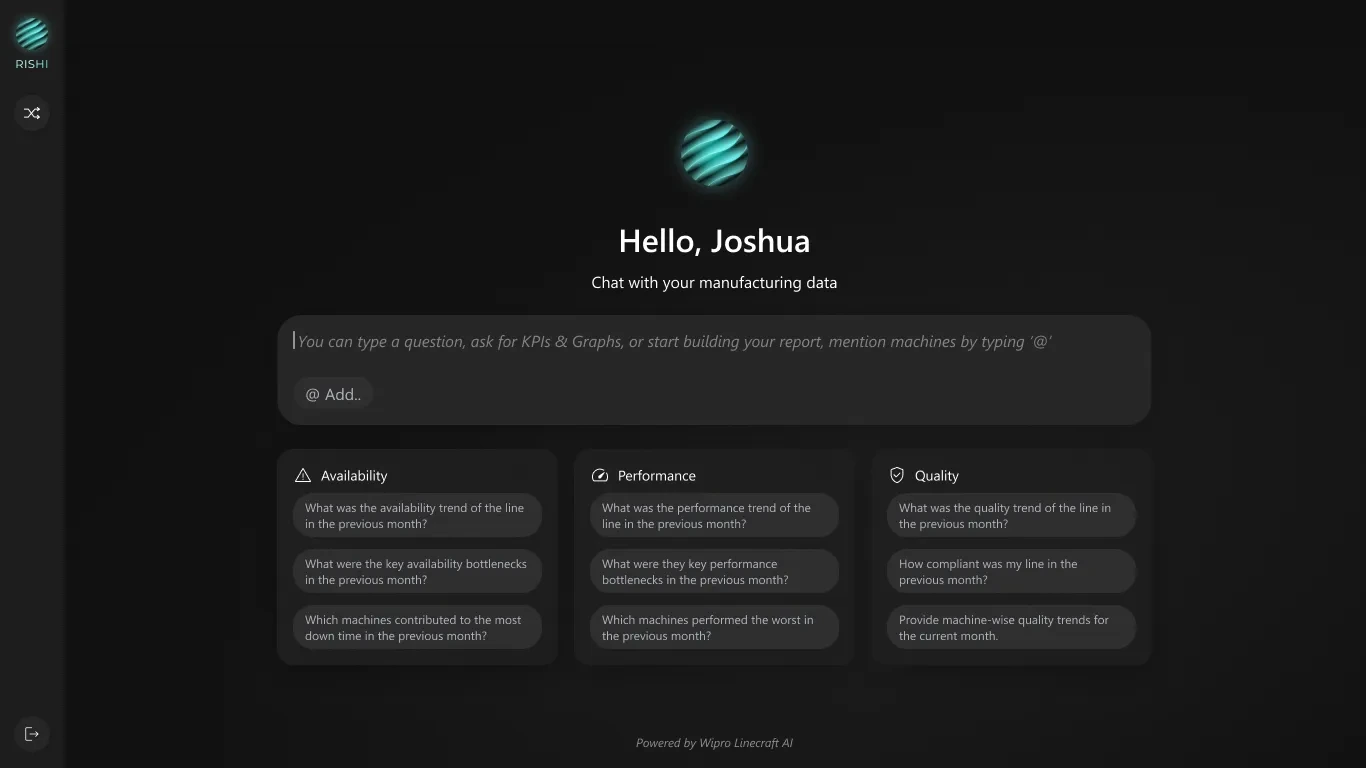 The landing screen greeting the user by name with their plant and line, above role-specific preset queries.