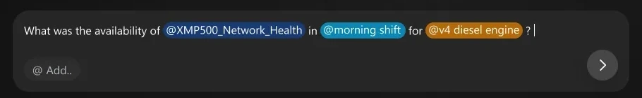 The query box carrying three colour-coded entity tags — a machine, a shift and a part type — inside a completed question.