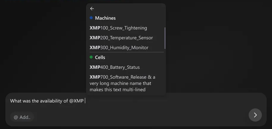 A drilled-into @ submenu listing individual machines, such as XMP100_Screw_Tightening, under the Machines category.