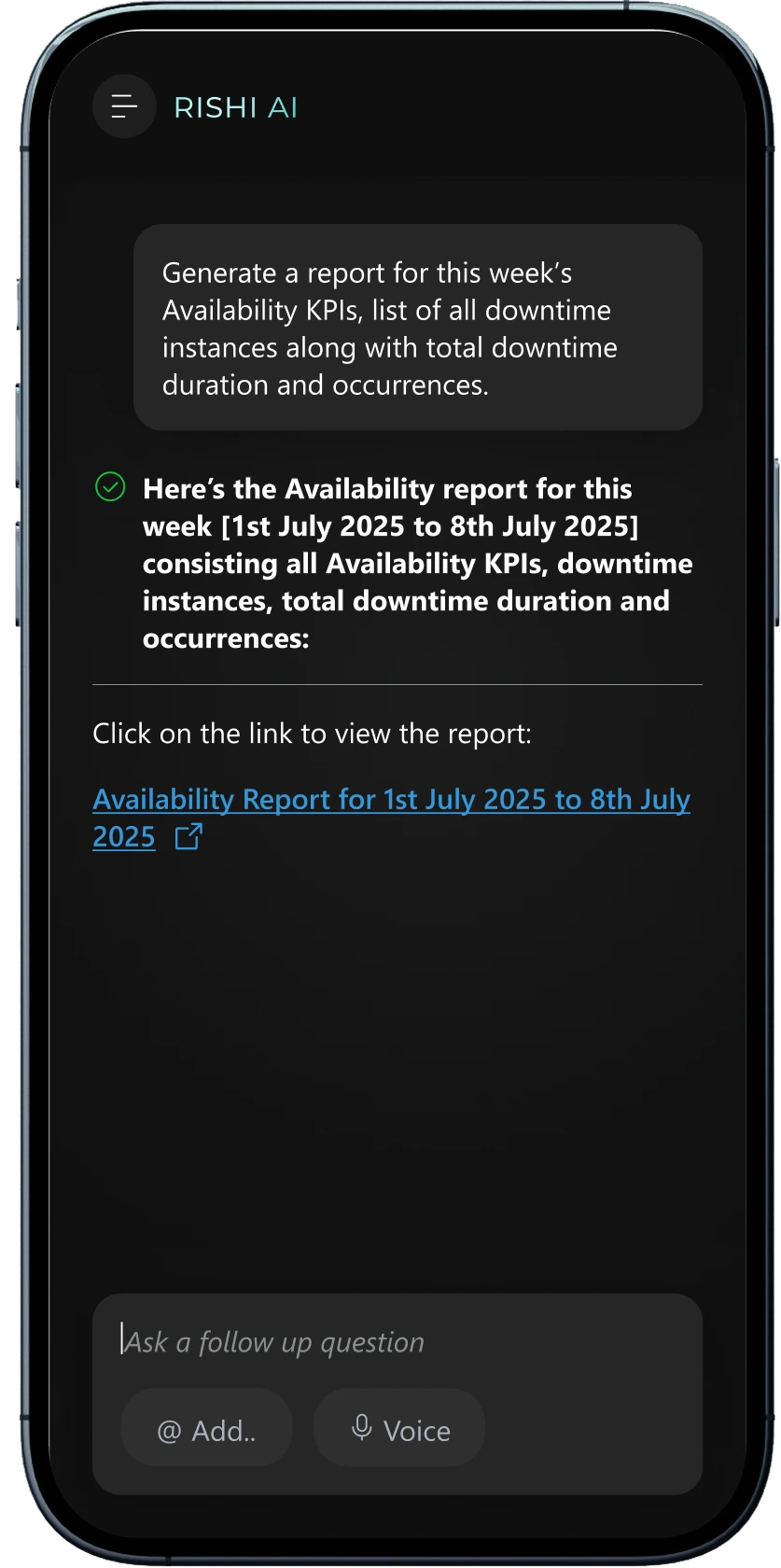 The Rishi mobile interface, in its phone frame, showing a generated availability report link in the same conversation layout as desktop.