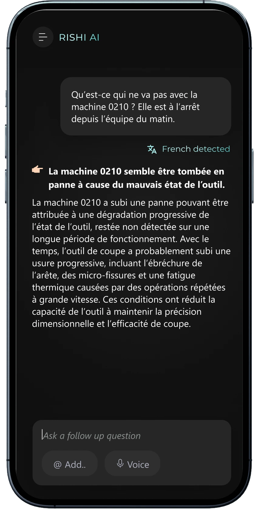 The Rishi mobile interface detecting French input and replying in French about a machine breakdown, with a "French detected" tag on the response.