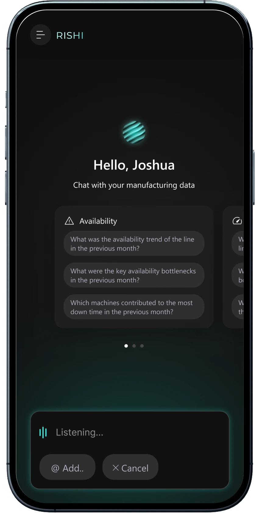 The Rishi mobile interface in voice mode, showing a pulsing waveform and a "Listening..." placeholder in the query box, with a Cancel option.