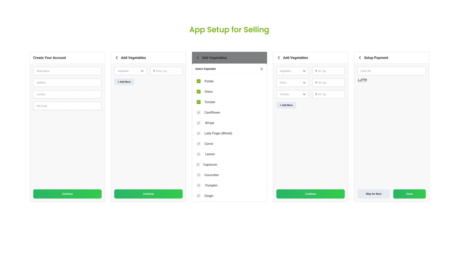 App Setup for Selling: creating an account, selecting vegetables to list for sale, and setting up UPI payment.
