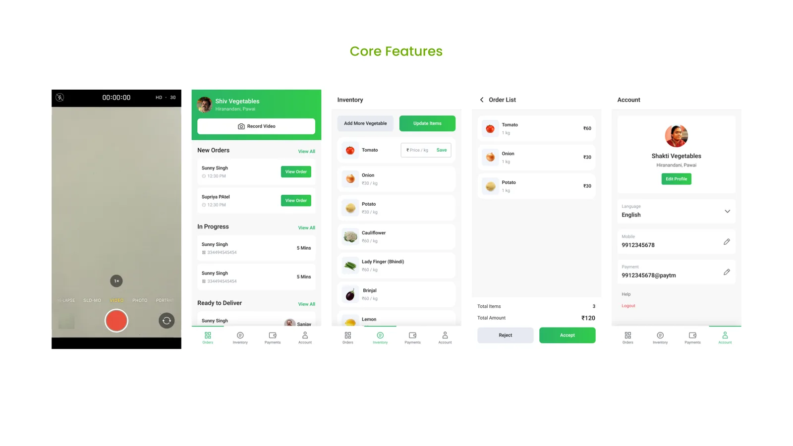 Core Features (vendor): recording a produce video, the New Orders / In Progress / Ready to Deliver list, and inventory management.