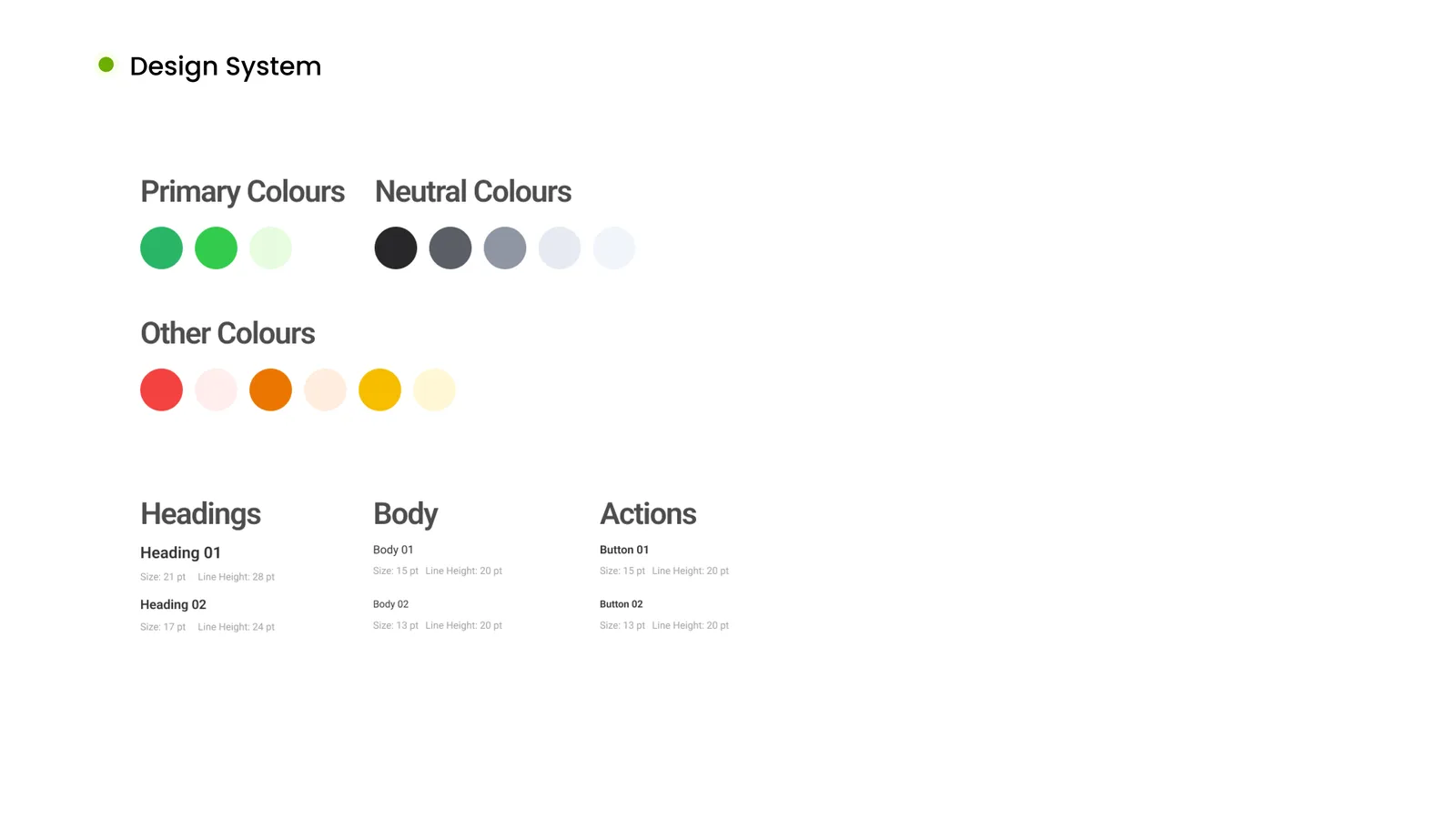Design System slide: primary, neutral and accent colour swatches, plus heading, body and button type styles.