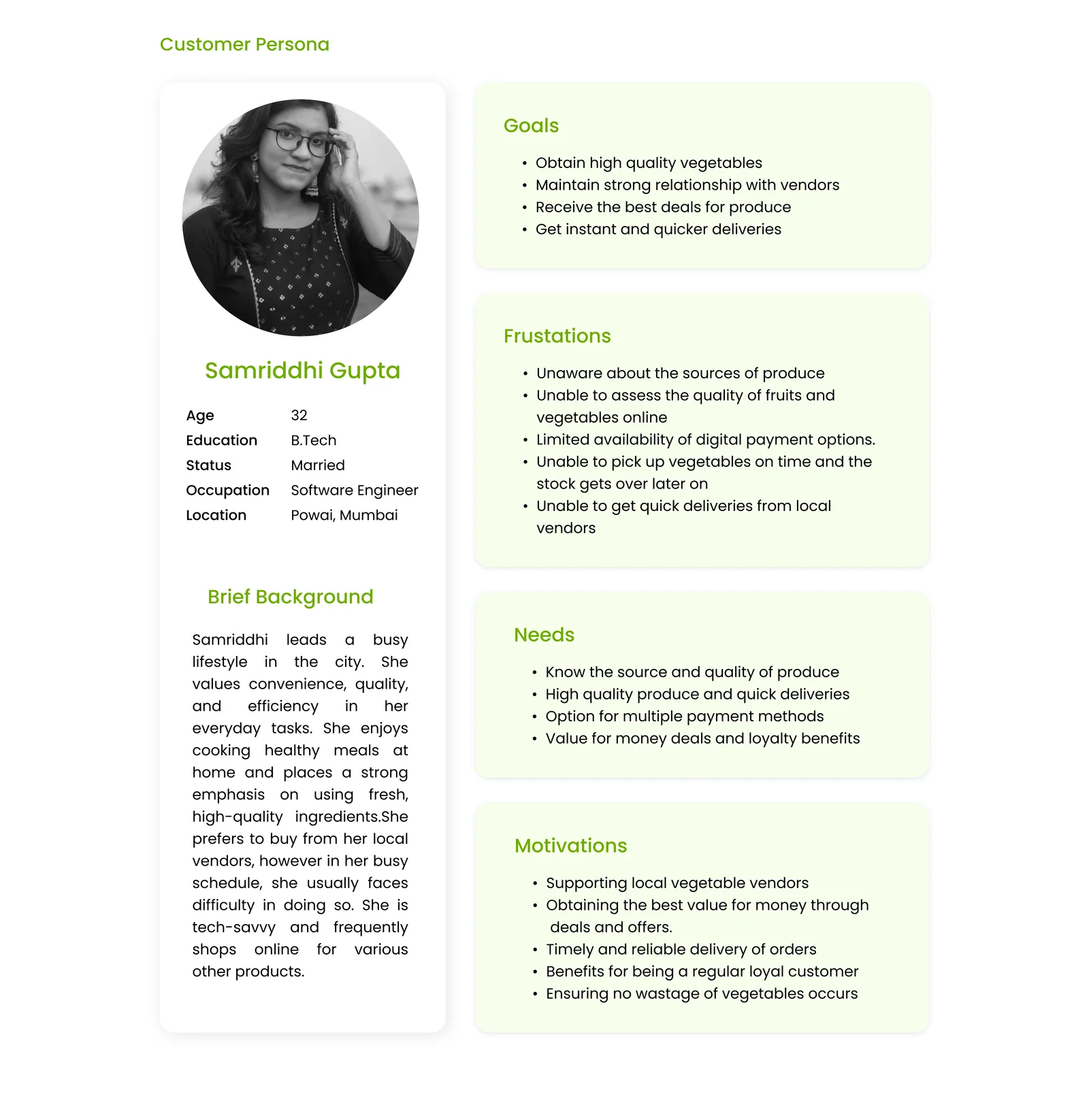 Customer persona: Samriddhi Gupta, with age, education, occupation, location, brief background, frustrations, needs and motivations.
