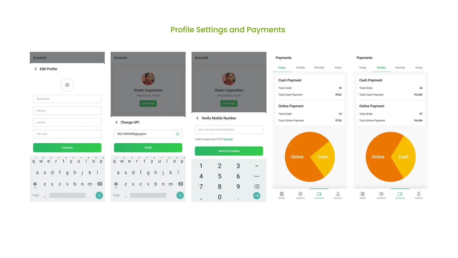 Profile Settings and Payments: editing profile details, verifying mobile number and UPI, and a Cash/Online payments breakdown with charts.