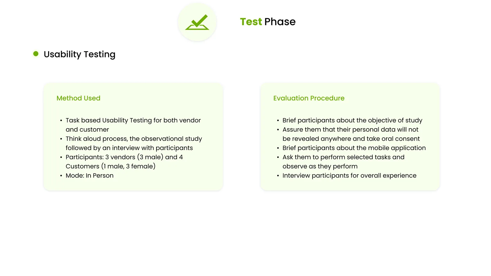 Test Phase — Usability Testing slide: task-based testing with 3 vendors and 4 customers, in person, using a think-aloud process; the evaluation procedure followed for each session.