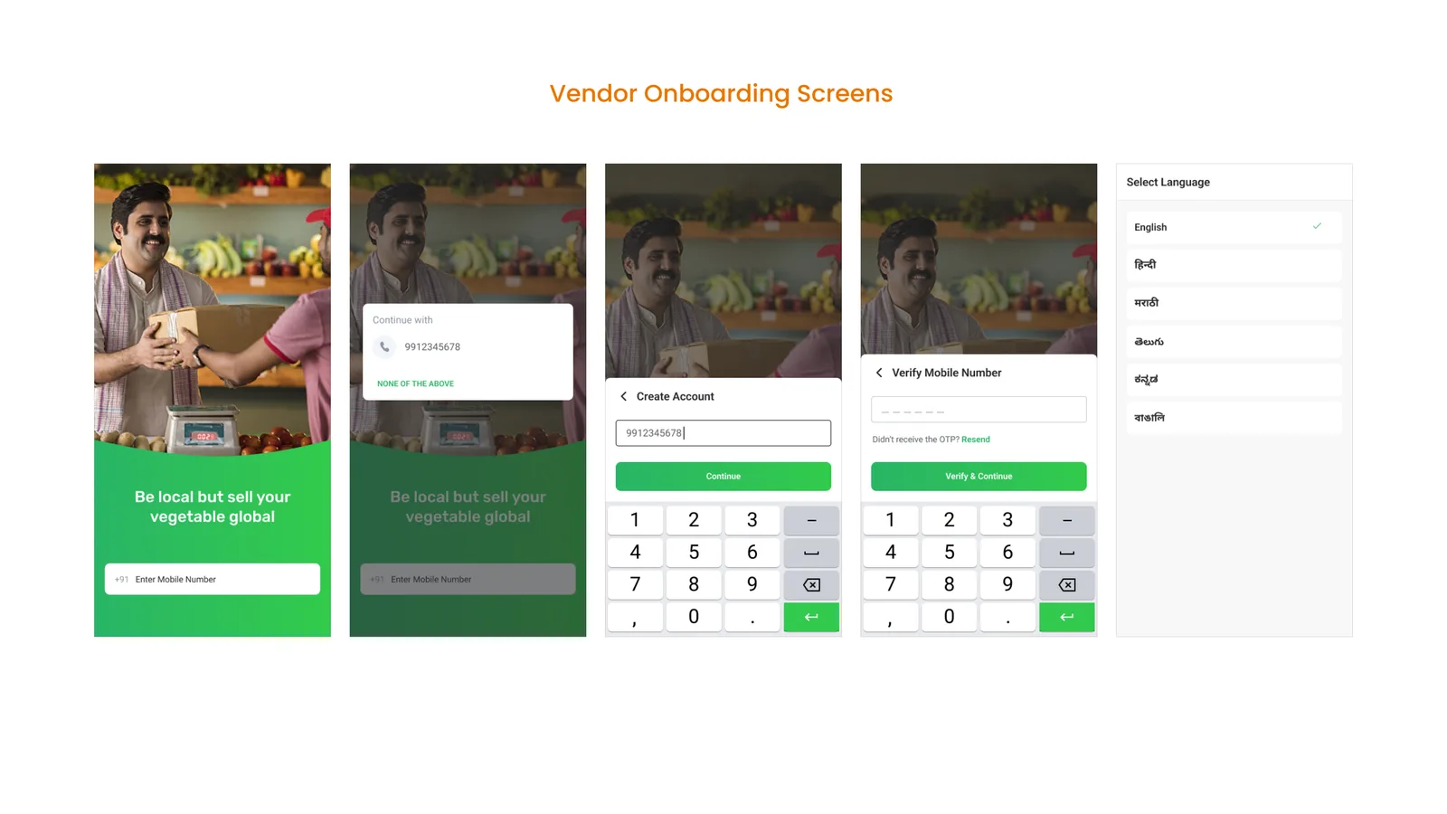 Vendor Onboarding Screens: a welcome/promo screen, account creation and mobile number verification.